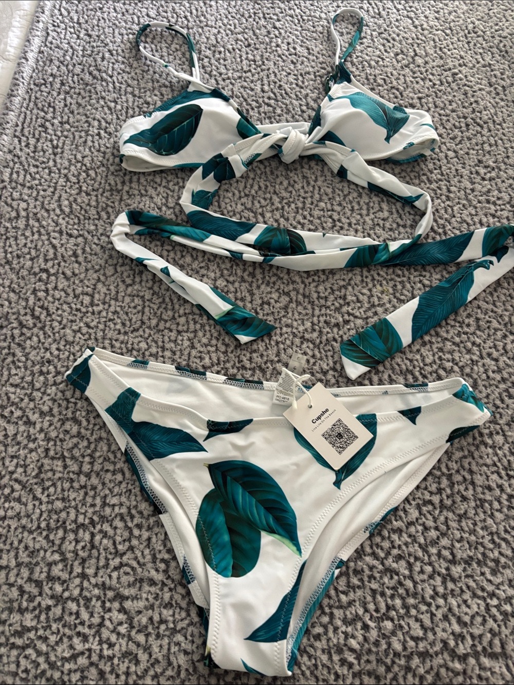 Cupshe White Bikini with Teal Leaf Print Tie-Front Top